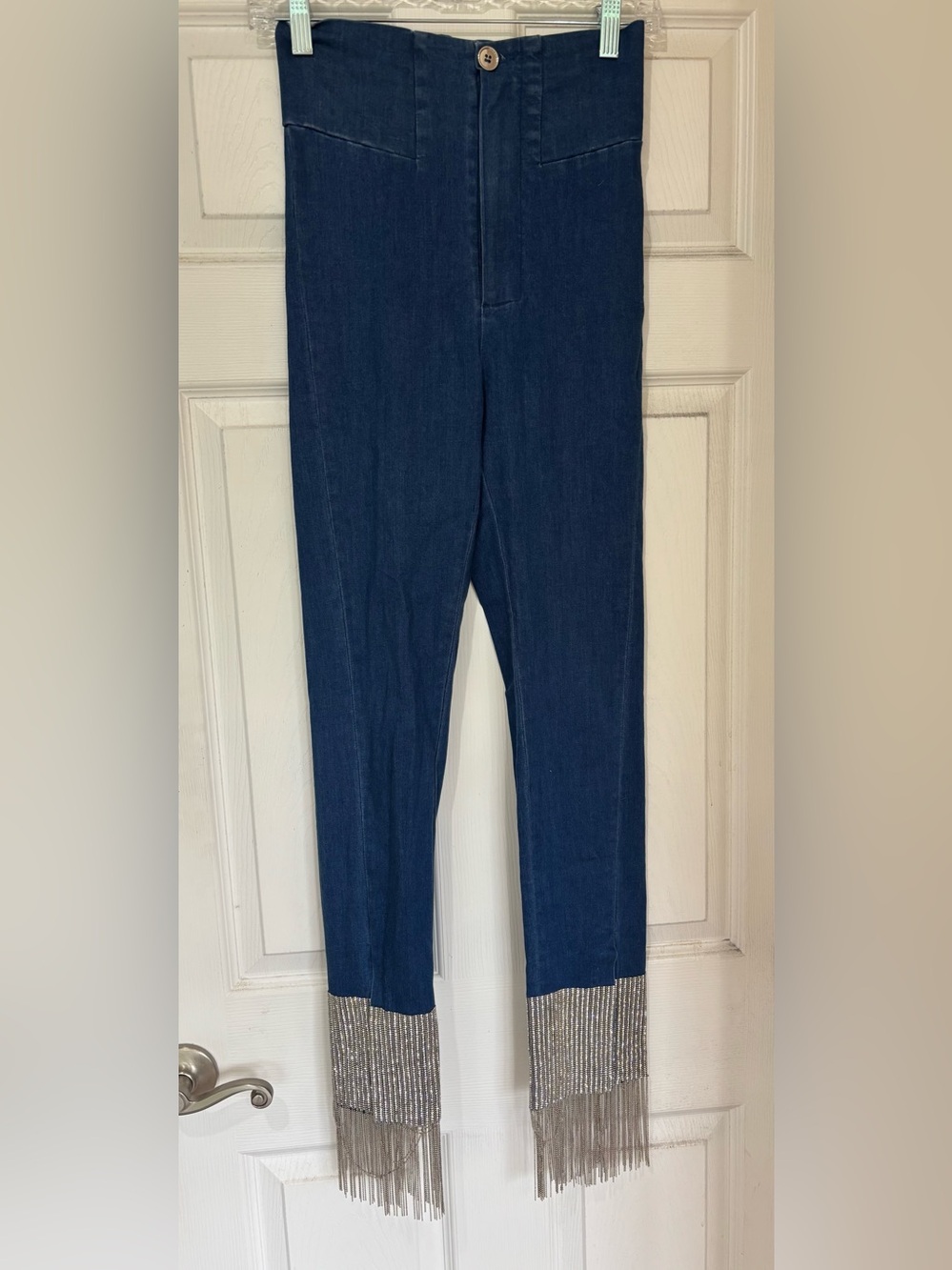 High-Rise Dark Blue Jeans with Metallic Fringe Hem
